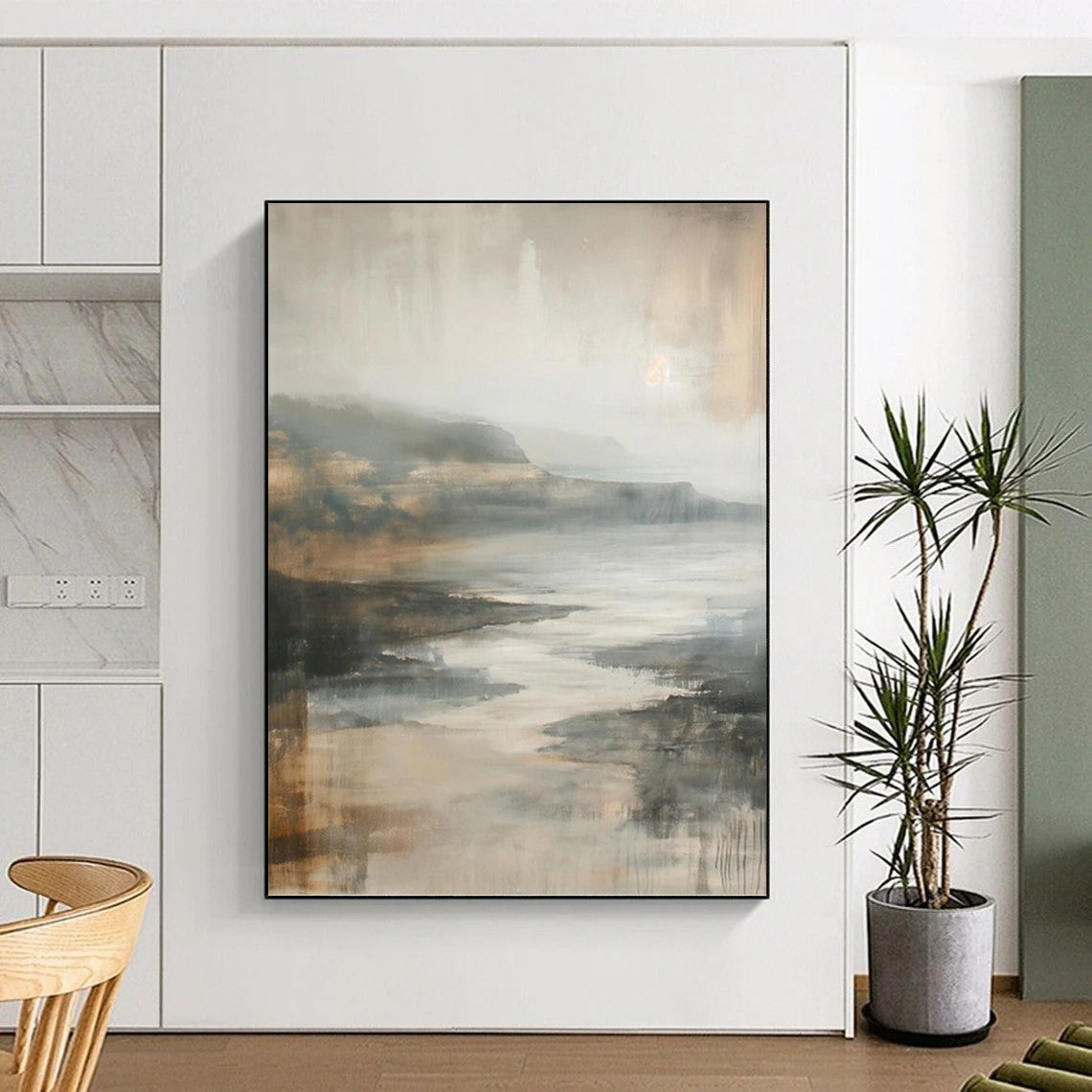 “Muted Tonal Landscape” - Gray, Brown & Beige Impressionistic Seaside Painting On Canvas DKH1001