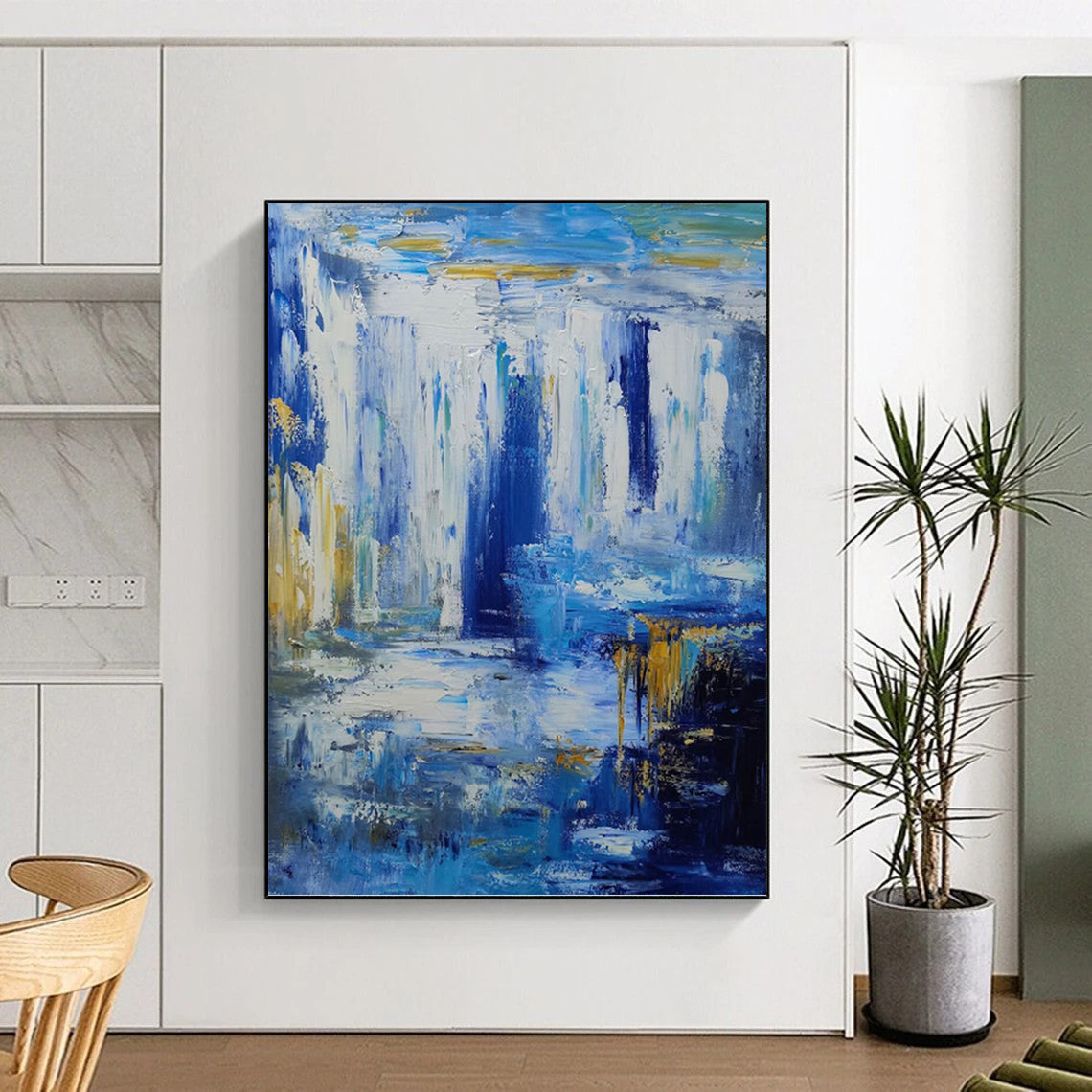 Blue and Gold Abstract Waterfall - Abstract Landscape Painting On Canvas DKH1332