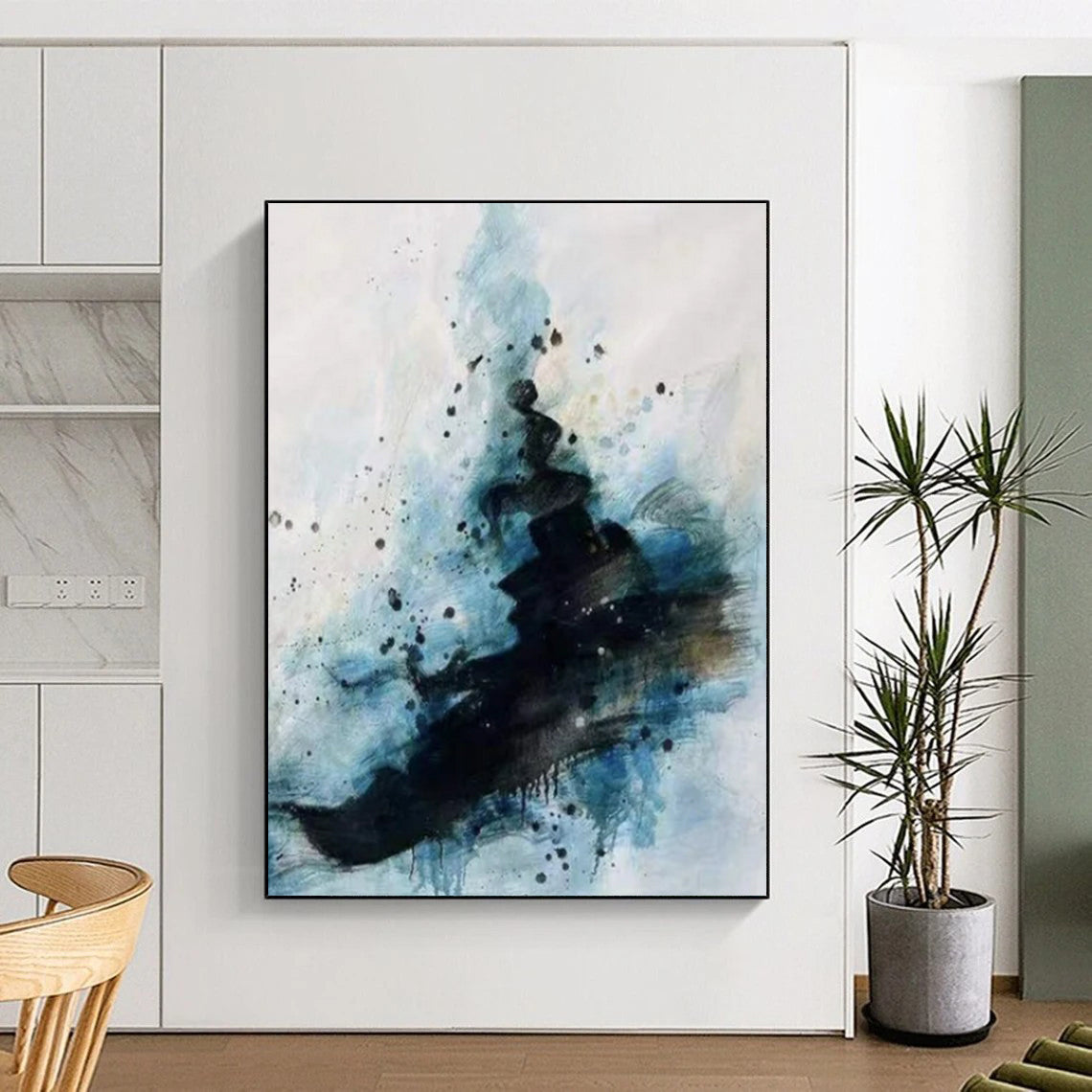 Black, Blue & White Splattered Ink Vibe - Abstract Painting On Canvas CT2306