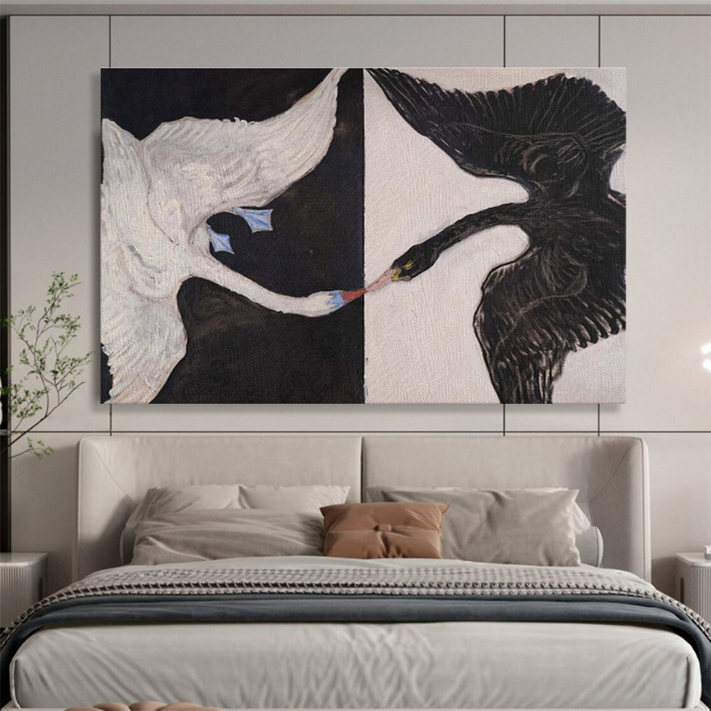 Black and White Swans “Contrasting Avian Encounter” Painting On Canvas DKH125