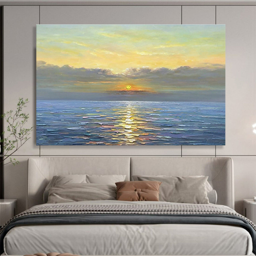 Sunset Over Ocean - Warm Yellow, Orange & Blue Seascape Painting On Canvas DKH883
