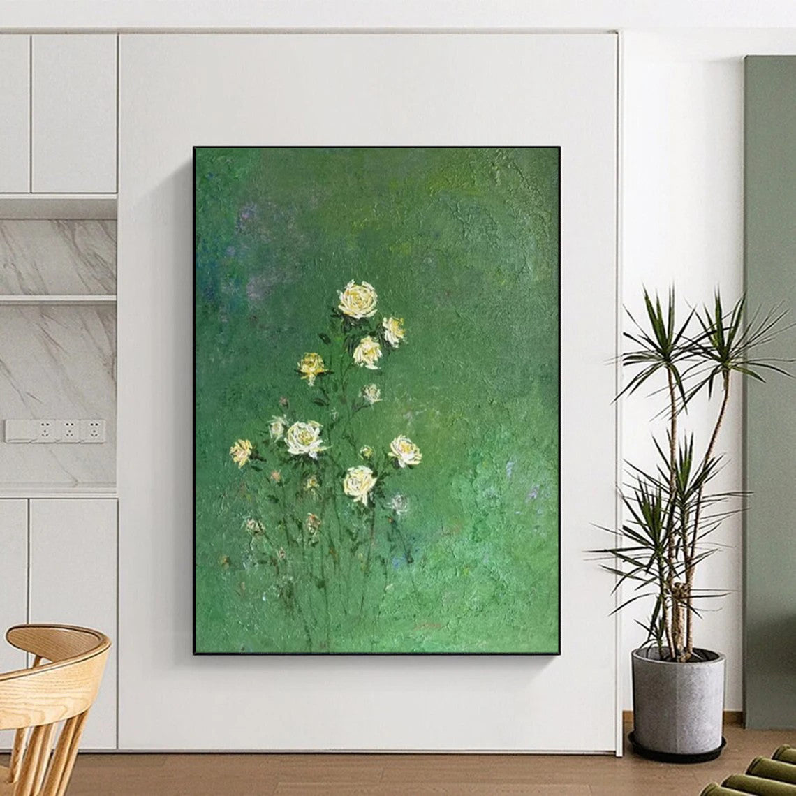 “Yellow Flowers on Green Background” - Impressionistic Floral Oil Painting CT1978