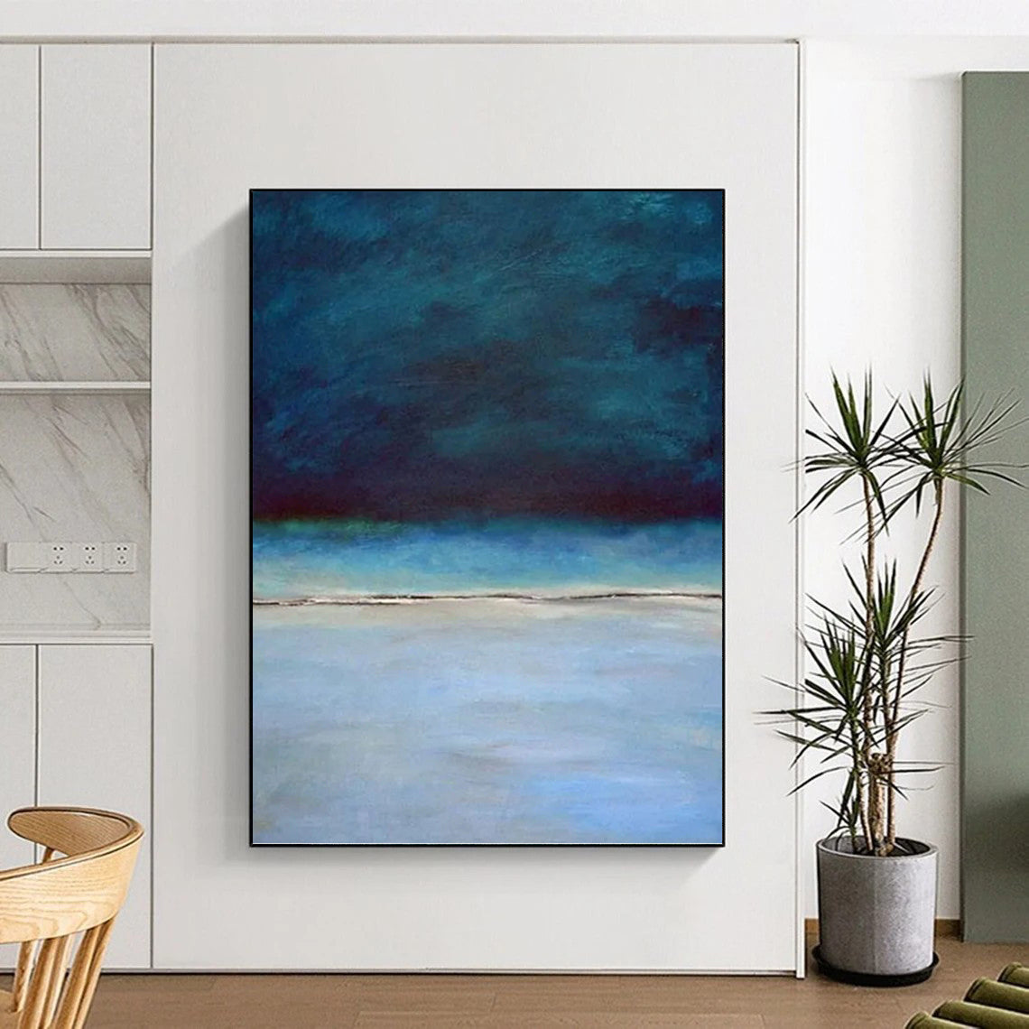 “Deep Blue Coastal Stillness” - Blue, Teal & Gray Seascape Painting On Canvas DKH0938