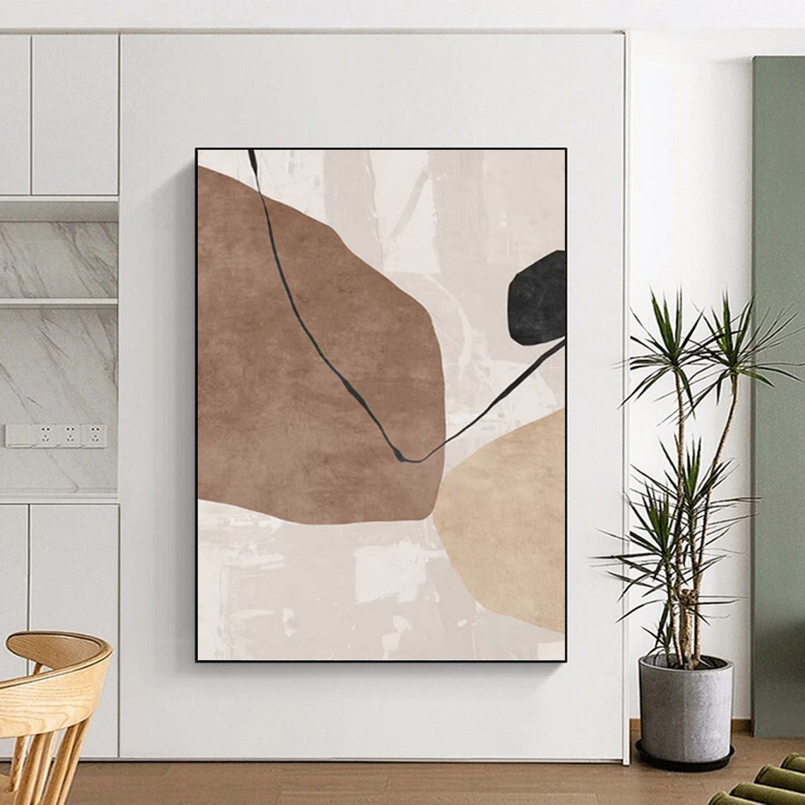 “Earth Tones Link” - Brown, Beige & Black Minimalist Shapes Painting On Canvas DKH1519