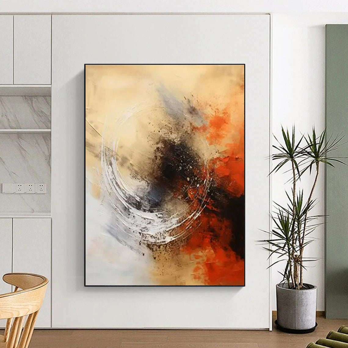 “Beige - Gray - Red Abstract Circle” ,Abstract Acrylic Painting CT0828
