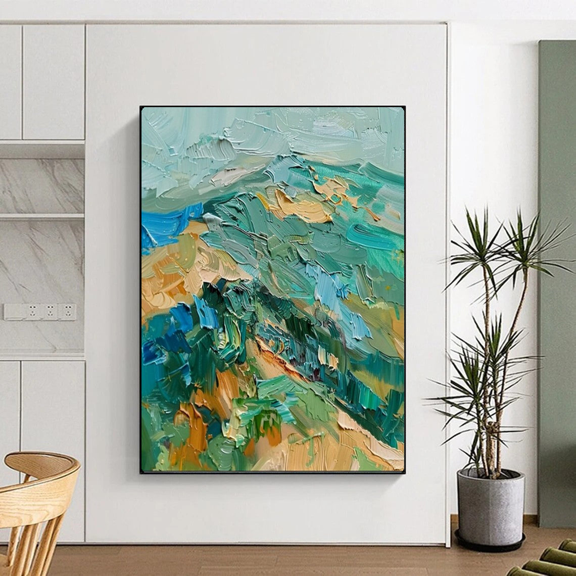 “Textured Green & Blue Mountainscape” – Impasto Landscape Painting On Canvas CT2120