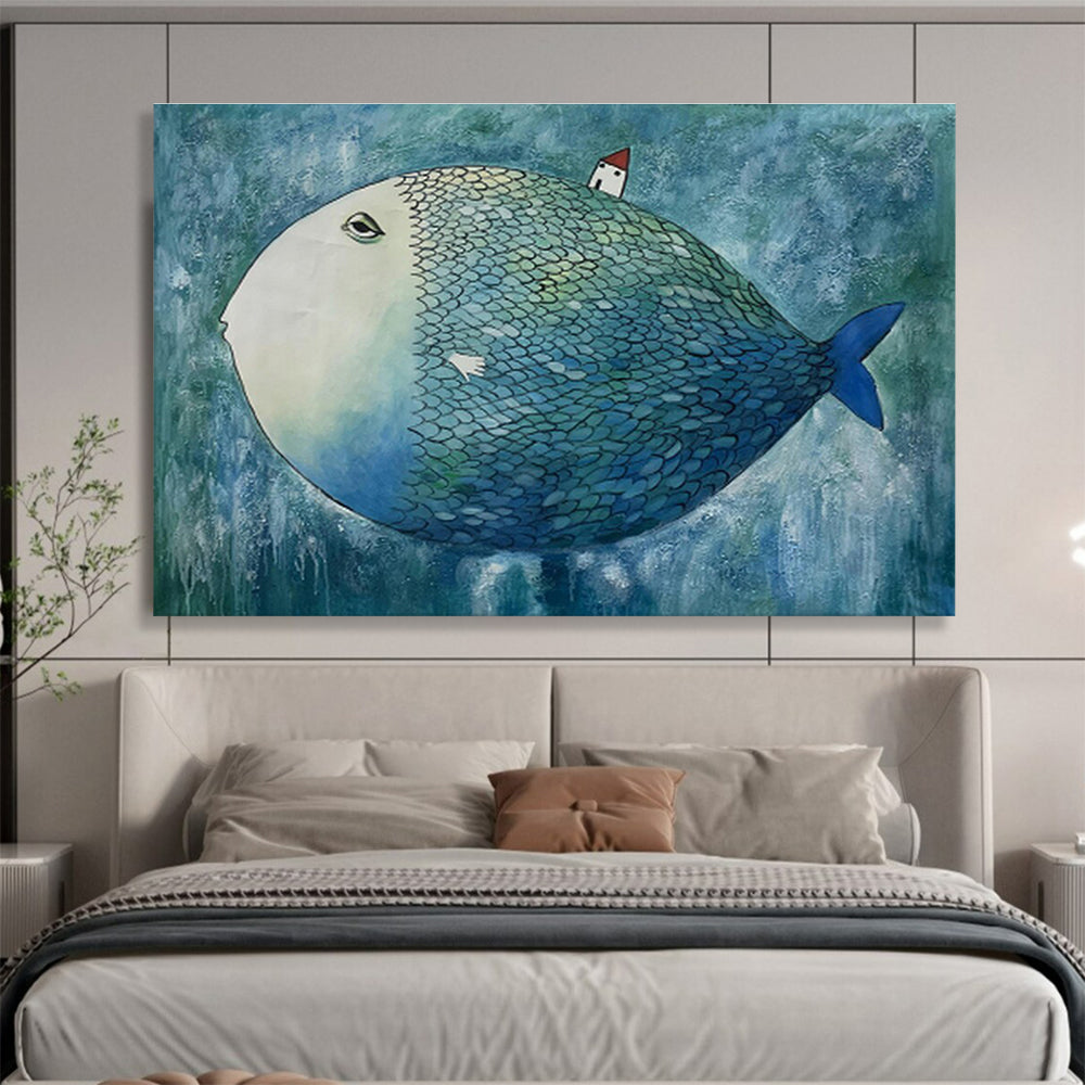Whimsical Big Fish with House Surreal Painting On Canvas DKH218