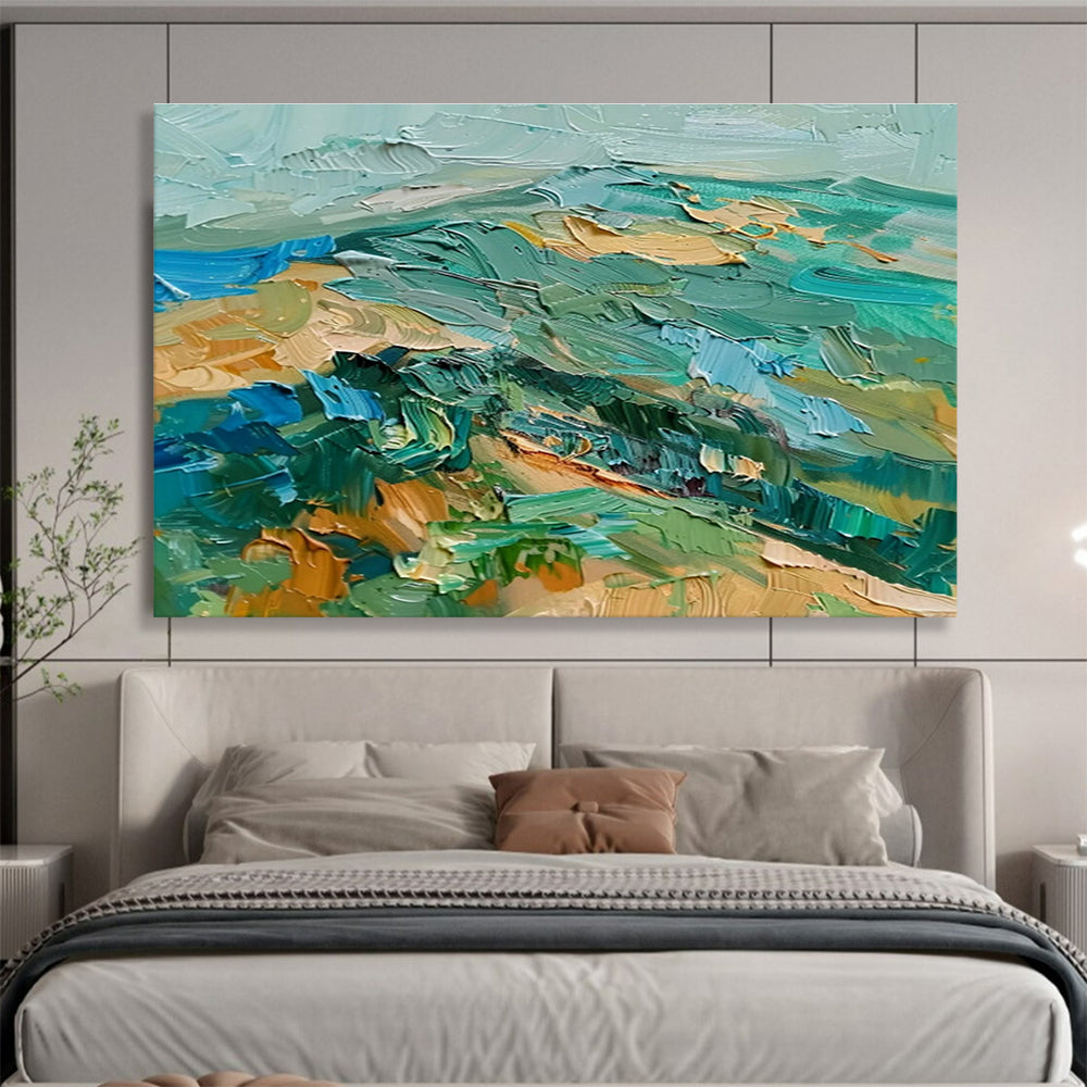 “Turquoise & Green Textured Landscape” Impasto Oil Painting On Canvas DKH341