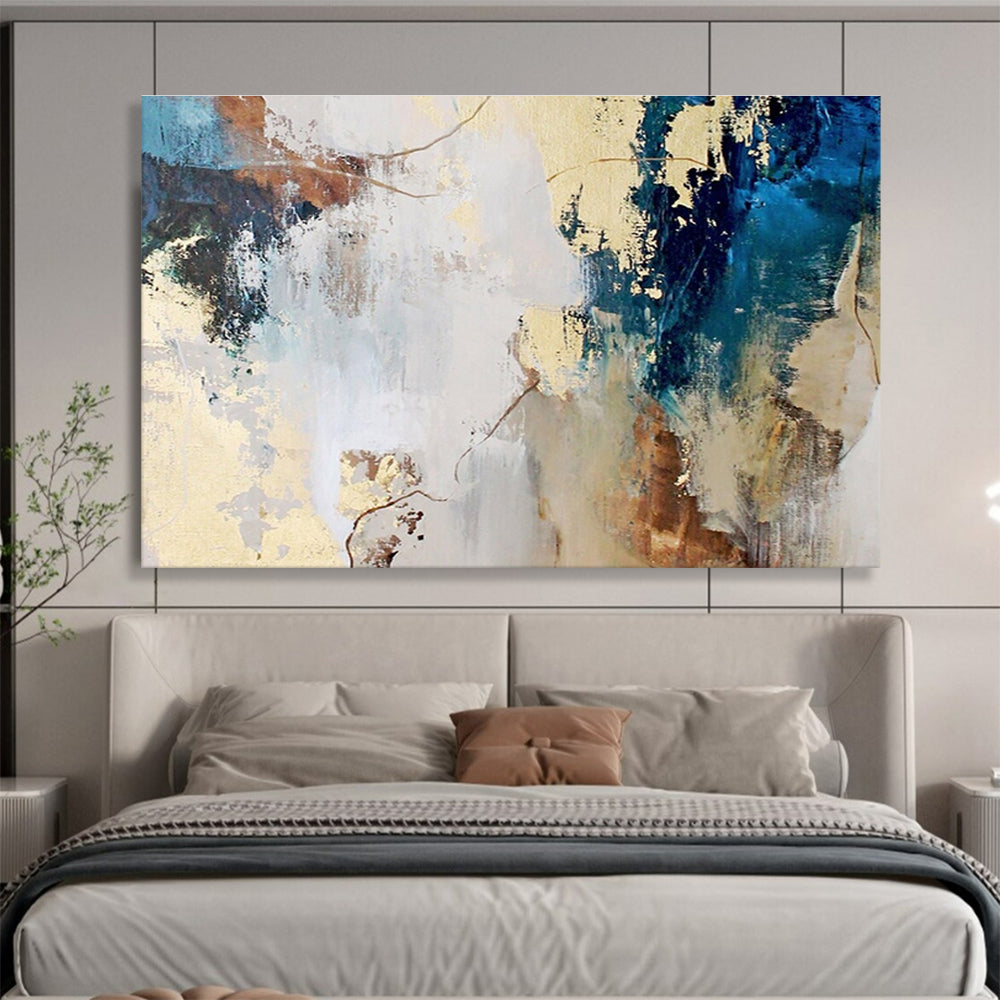 Brown, Blue, and Gold Abstract “Earthly Elegant Abstraction” Painting On Canvas DKH130