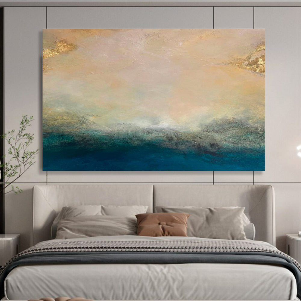 “Gold - Tipped Abstract Horizon” - Soft Multicolor Abstract Landscape Painting On Canvas DKH770