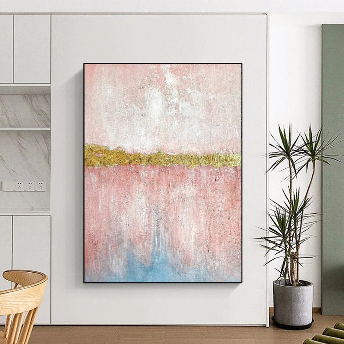 Pink & Gold Abstract Divide - Minimalist Abstract Painting On Canvas CT2288