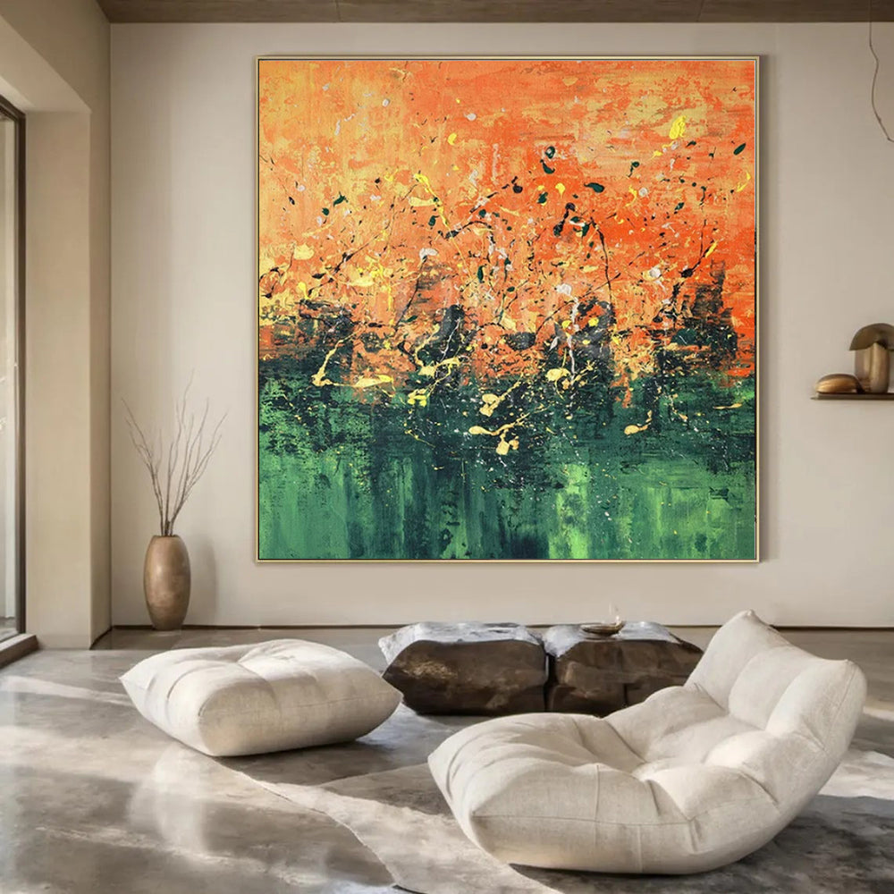 “Orange - Green Splatter Abstract” ,Abstract Expressionist Acrylic Painting CT0926