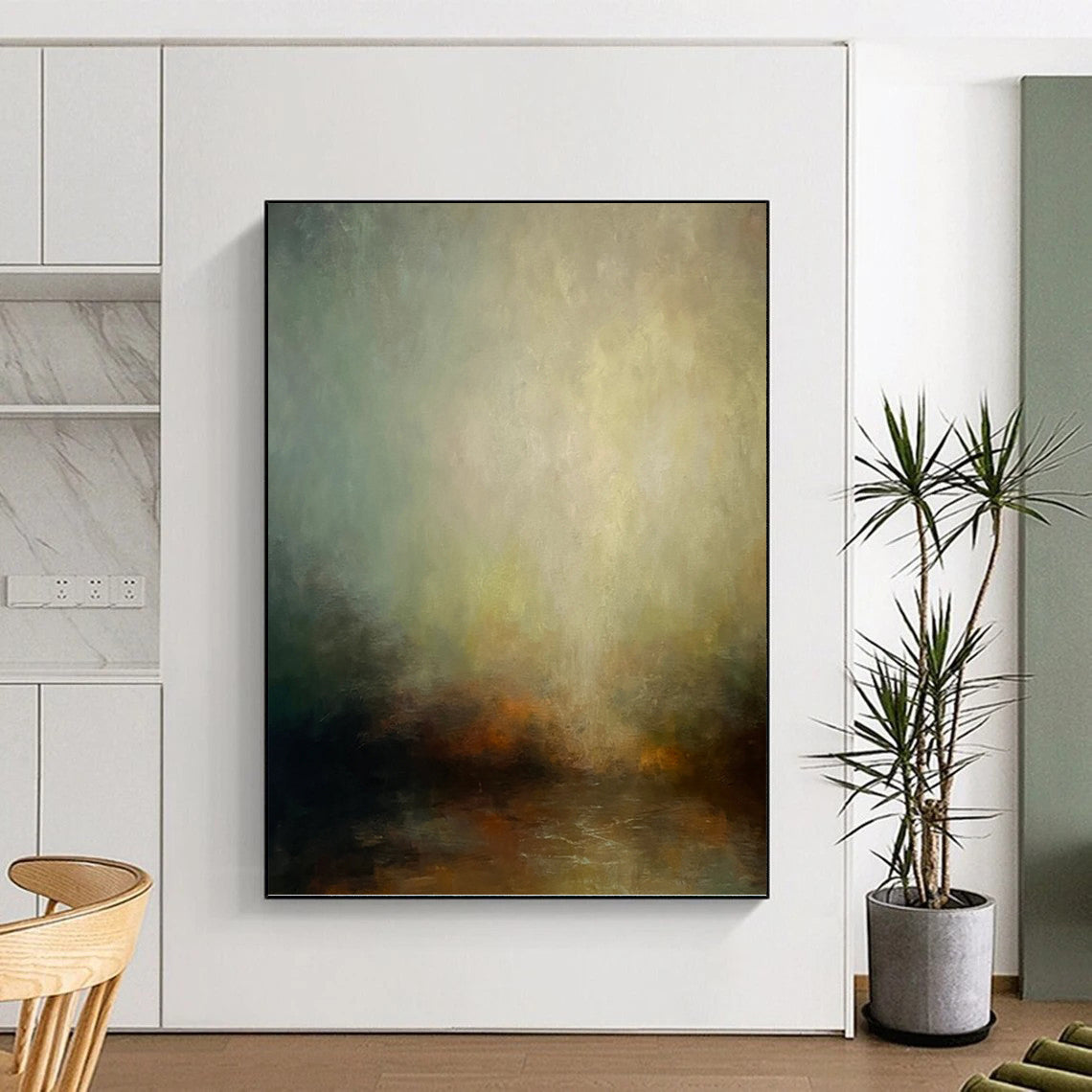 “Ethereal Glow” - Green, Yellow, Gray & Brown Abstract Landscape Painting On Canvas DKH1535