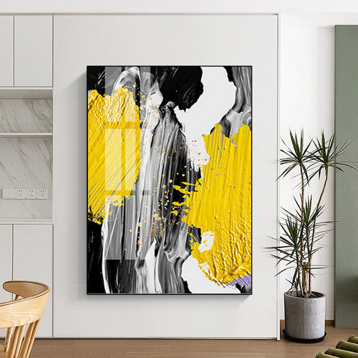 “Vibrant Strokes” - Yellow, Gray, Black & Gold Abstract Splashes Painting On Canvas DKH1526