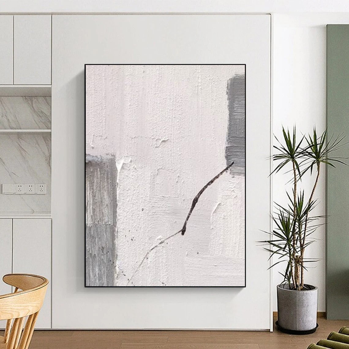 “Gray, White, Black Textured Line ‘Fragile Connection’” - Impasto Abstract Painting On Canvas DTP363