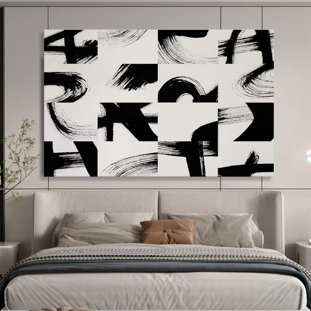 “Black - White Brush Strokes” Abstract Minimalist Painting On Canvas DKH447