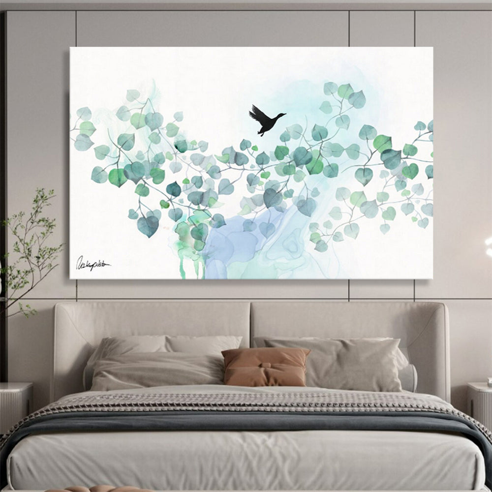 “Minimalist Bird and Foliage” Watercolor - Style Nature Painting On Canvas DKH539