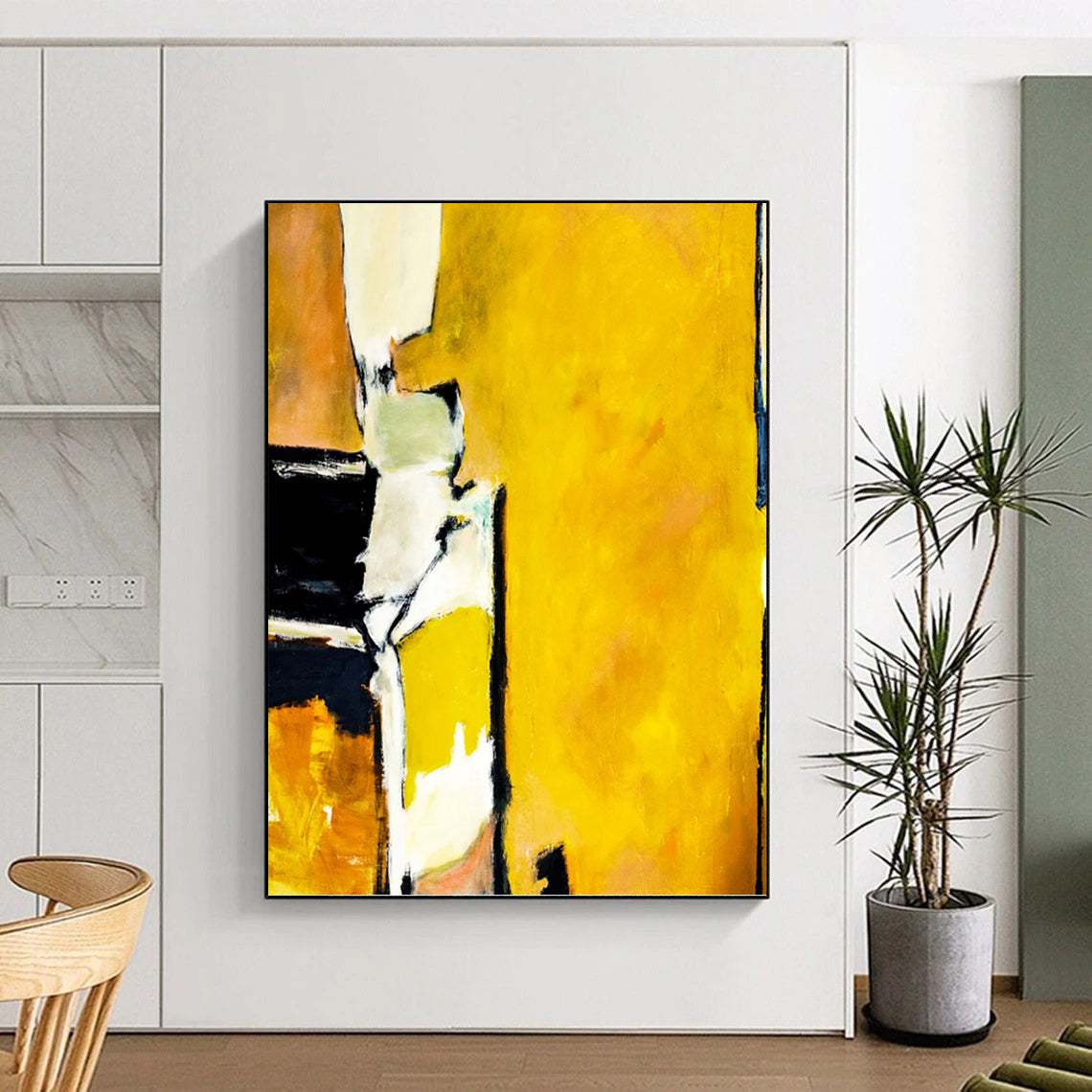 “Yellow - Focused Abstract with Black and White Contrasts” - Bold Abstract Painting On Canvas DKH1101