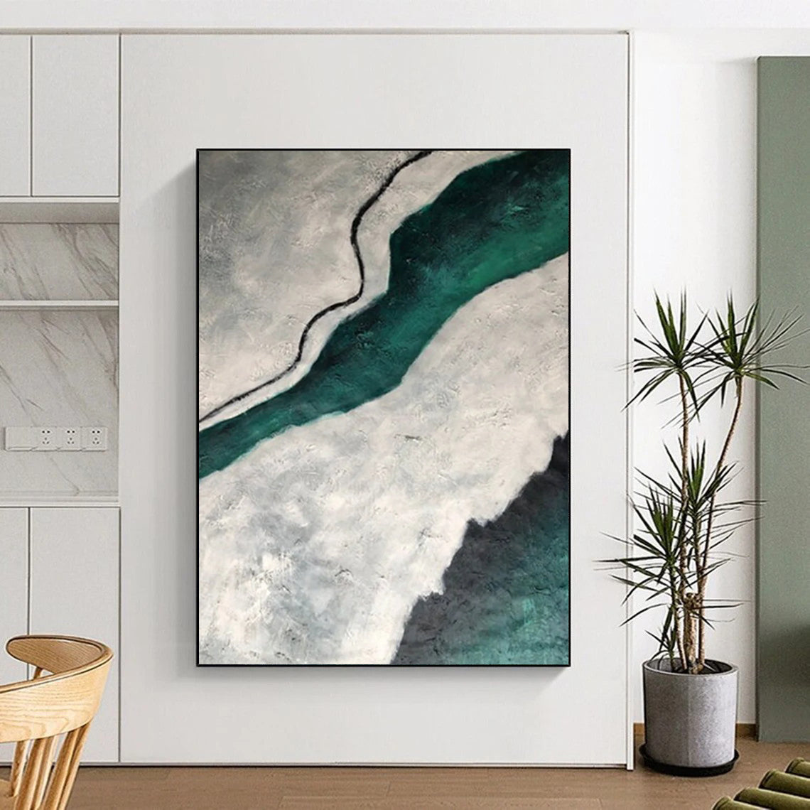 “Gray, Teal, Black Textured River ‘Ethereal Flow’” - Impasto Abstract Painting On Canvas DTP403