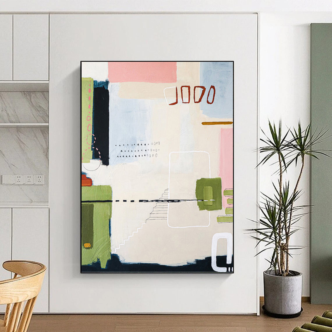 “Pastel - Colored Abstract with Geometric and Dotted Details” - Whimsical Abstract Painting On Canvas DKH1109