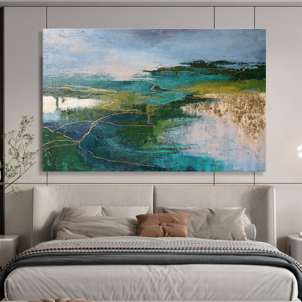 Green and Blue Abstract Landscape with Gold “Ethereal Nature’s Veins” Painting On Canvas DKH127