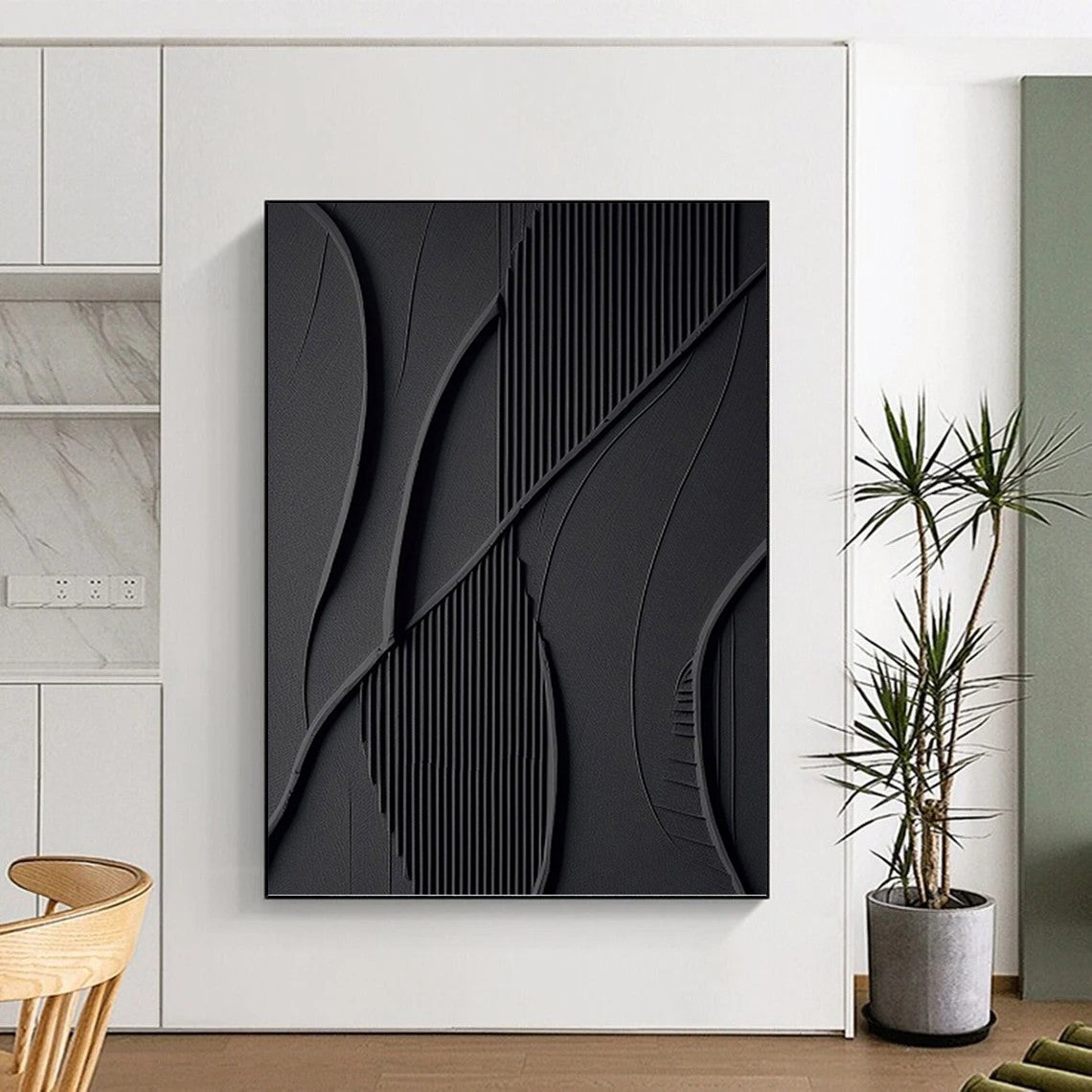Black, Textured Abstract Forms - Abstract Painting On Canvas DKH1465