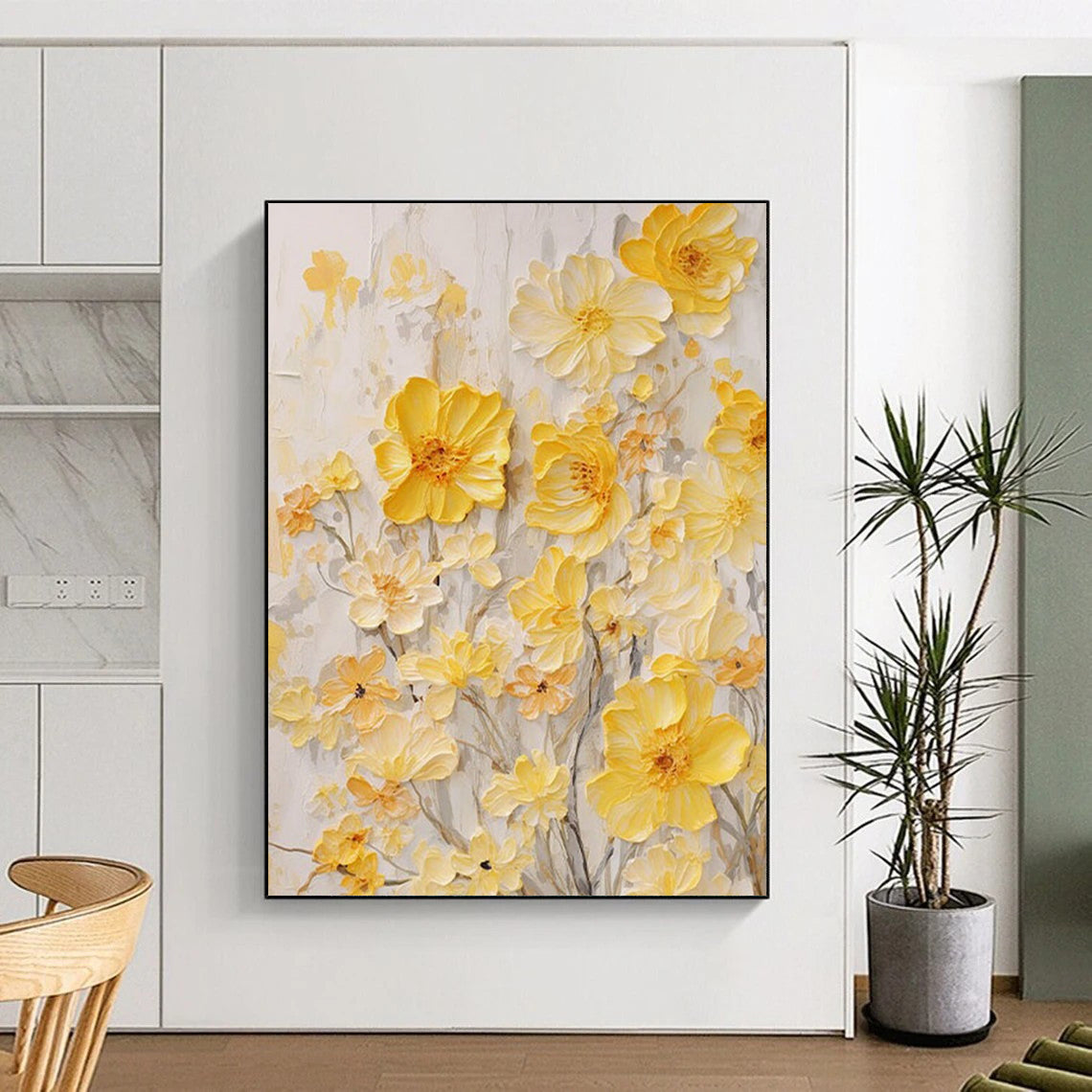 “Yellow Floral Relief” - Yellow, White, Gray Textured Floral Painting On Canvas DTP289