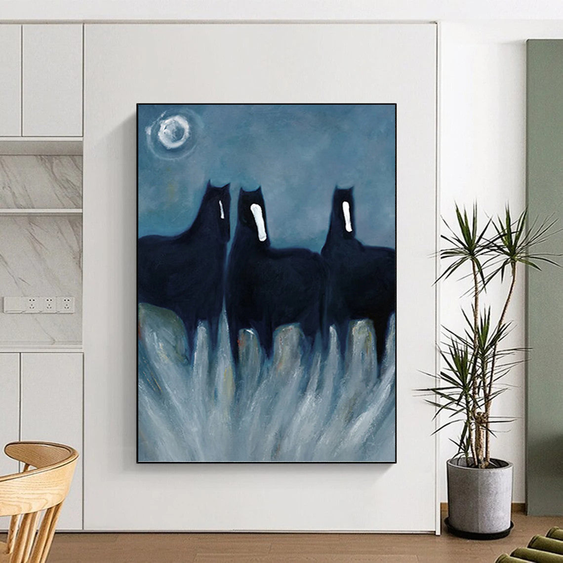 Mystical Black Horses in Tall Grass - Equine Painting On Canvas DKH1444