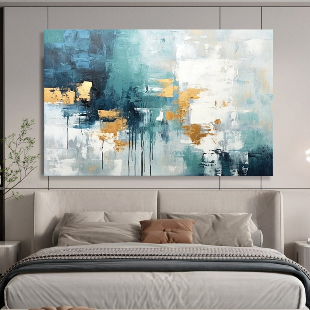 “Teal - Blue And Gold Abstract Drizzle” Abstract Painting On Canvas DLZ073