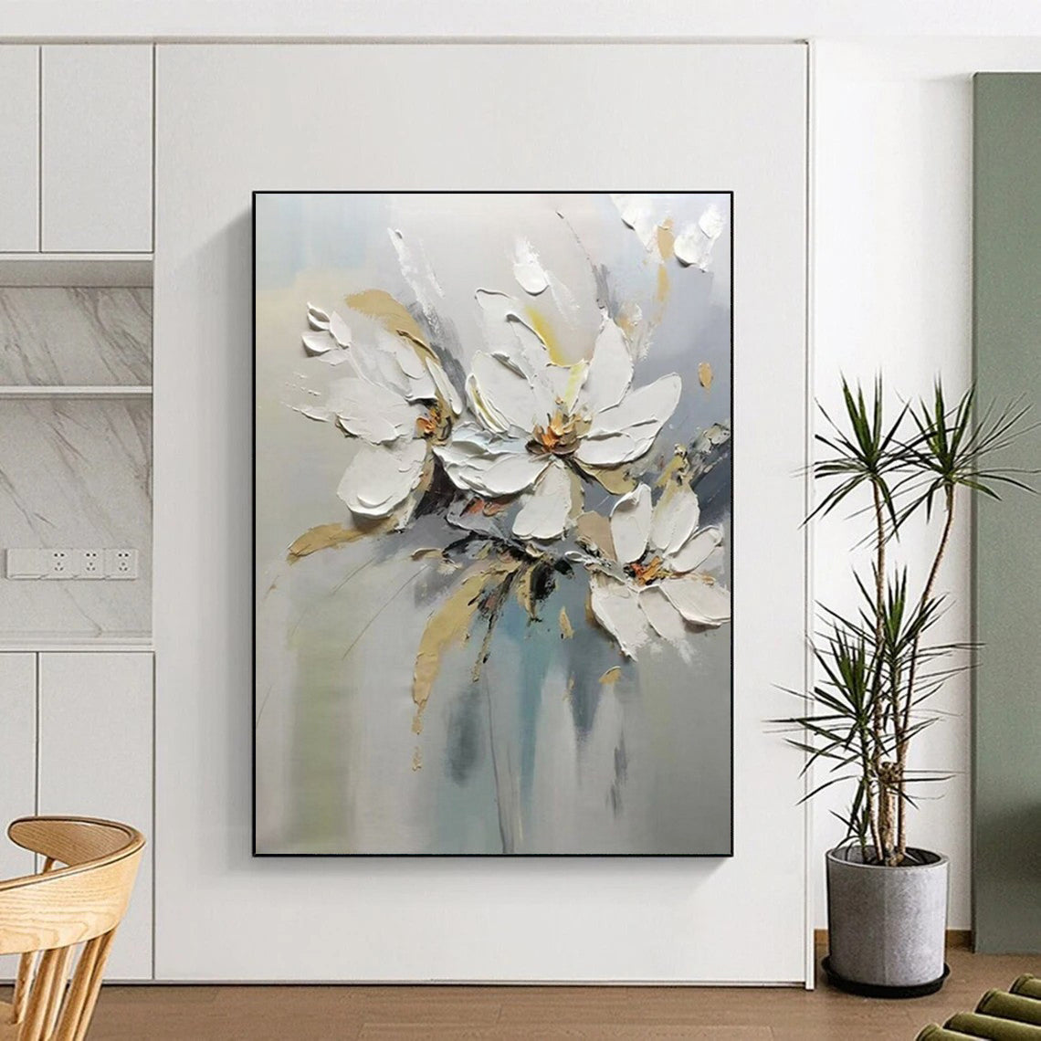 “White Floral Bouquet” - White, Beige & Gray Flower Painting On Canvas CT2201