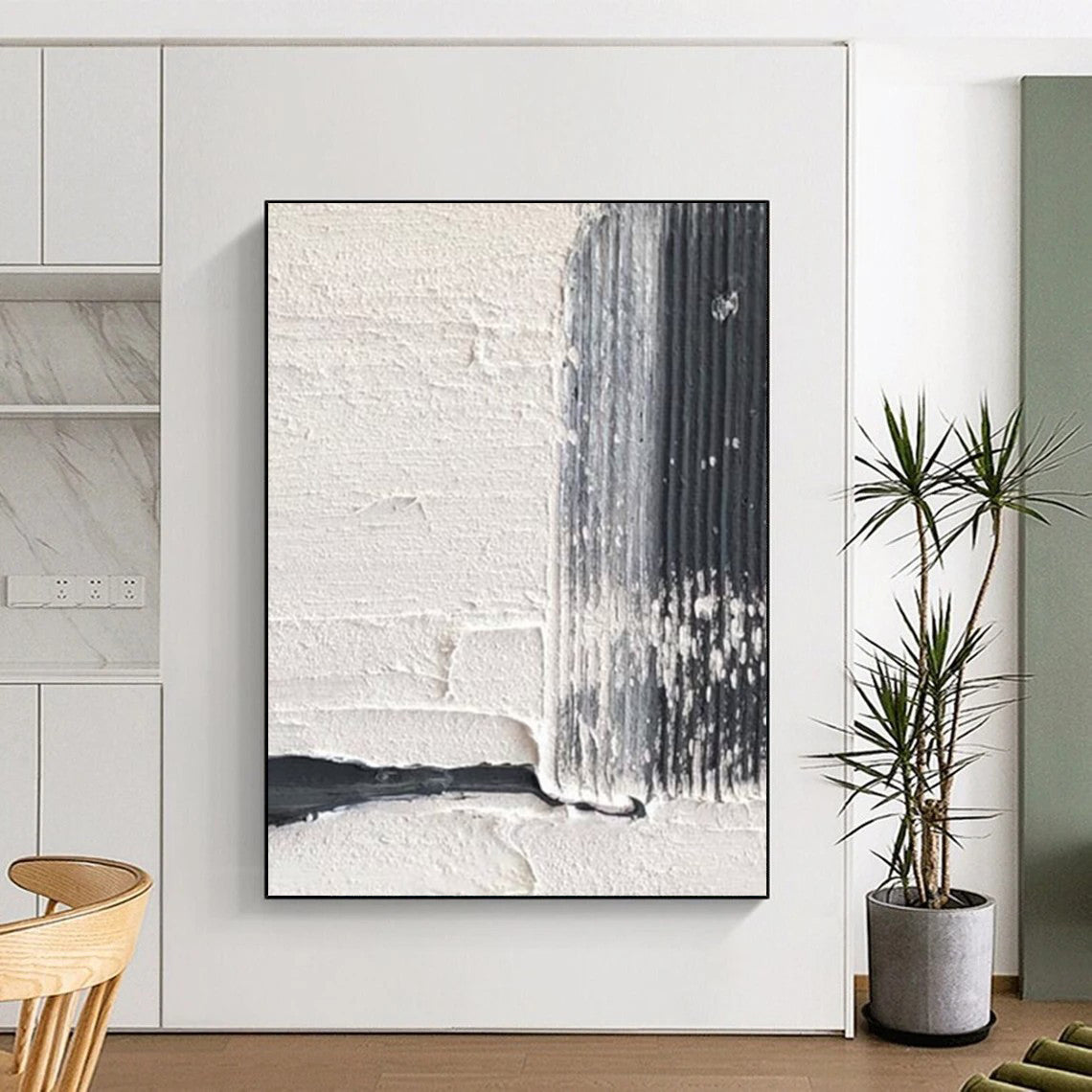 “Black, White, Gray Textured Stripes ‘Industrial Rhythm’” - Impasto Abstract Painting On Canvas DTP366