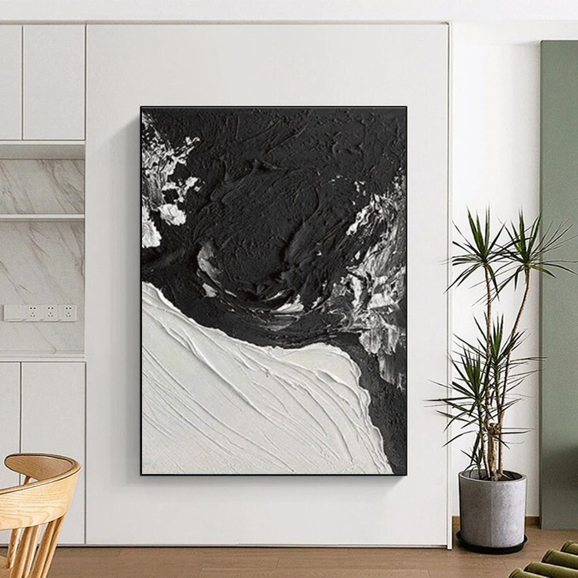 Black - White Textured Contrast, “Night & Ice” - Abstract Textured Acrylic Painting CT0735