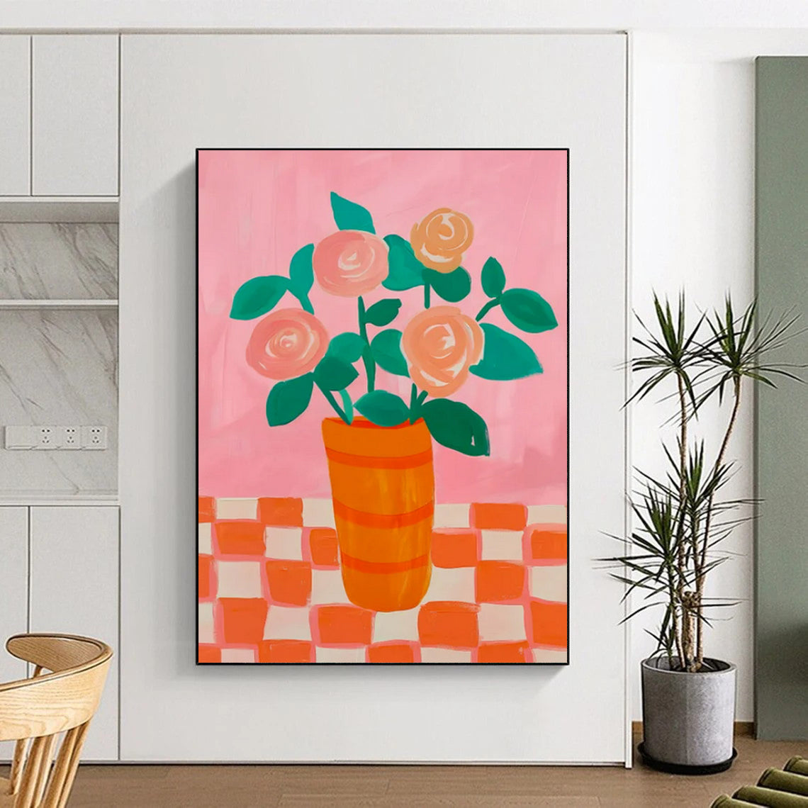 Pink & Orange Floral Vase - Folk - Art - Inspired Still - Life Painting On Canvas CT2258