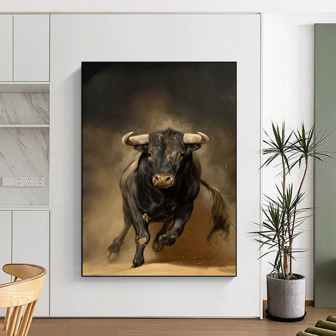 Charging Black Bull in Earthy Tones - Wildlife Painting On Canvas DKH1409