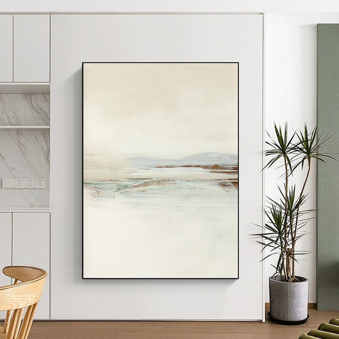 “Neutral Tones Seaside” - Beige, Blue, Green Abstract Landscape Painting On Canvas DTP224