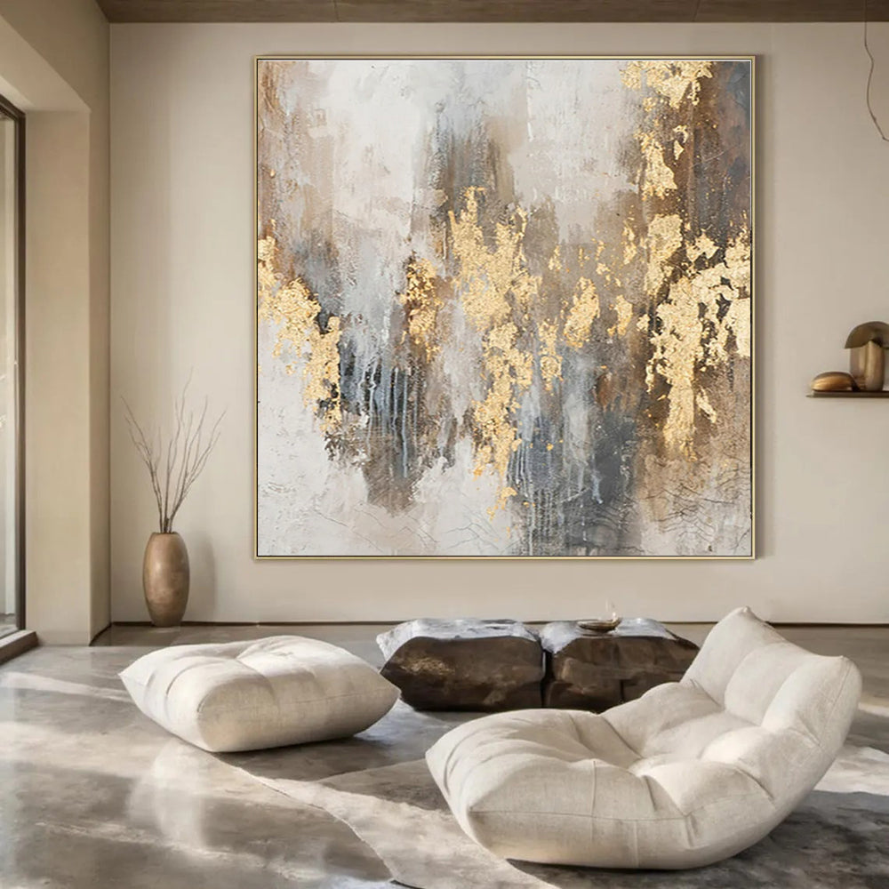 Grey, Brown & Gold Textured Accents - "Gilded Echoes" - Abstract Textured Painting CT1471
