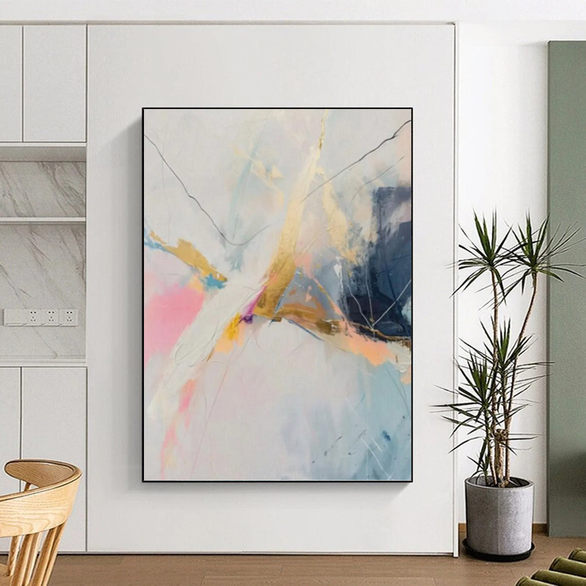 “Pastel, Gold & Blue Abstract Line Burst” Painting On Canvas DKH0995