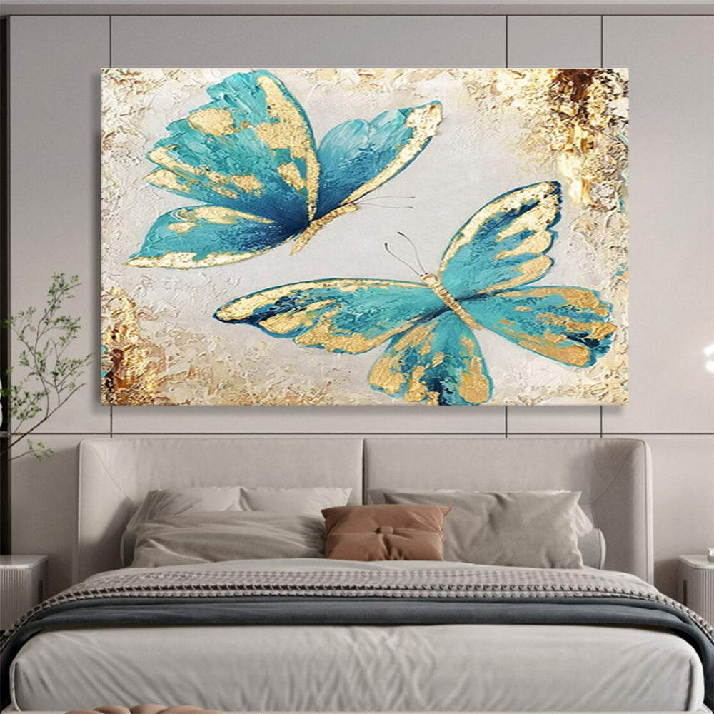 “Teal & Gold Butterflies” - Blue, Gold, White Impasto Insect Painting On Canvas DKH734