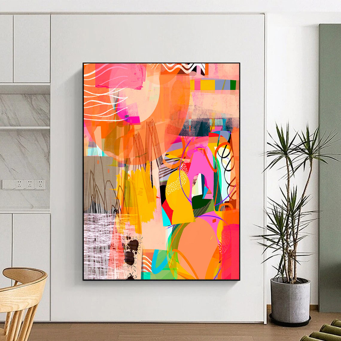 Vibrant Geometric Collage, Playful Shapes - "Color Carnival Collage" - Mixed - media Abstract Art CT1841