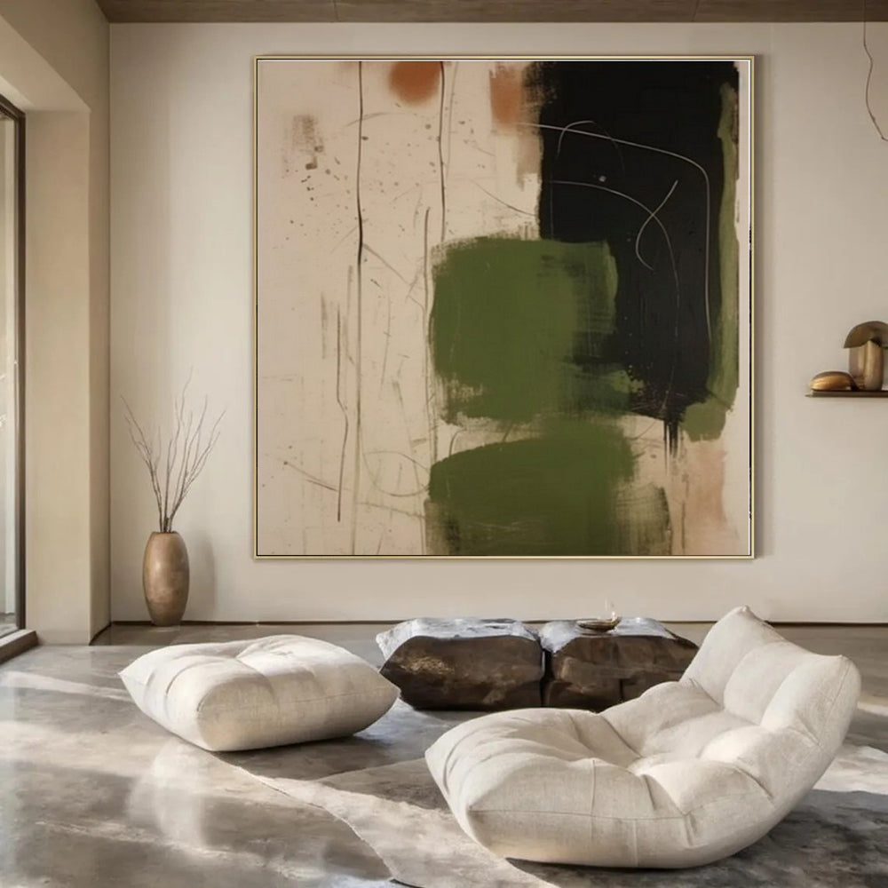 Green, Black & Rust Splashes - Abstract Expressionist Acrylic On Canvas CT1298