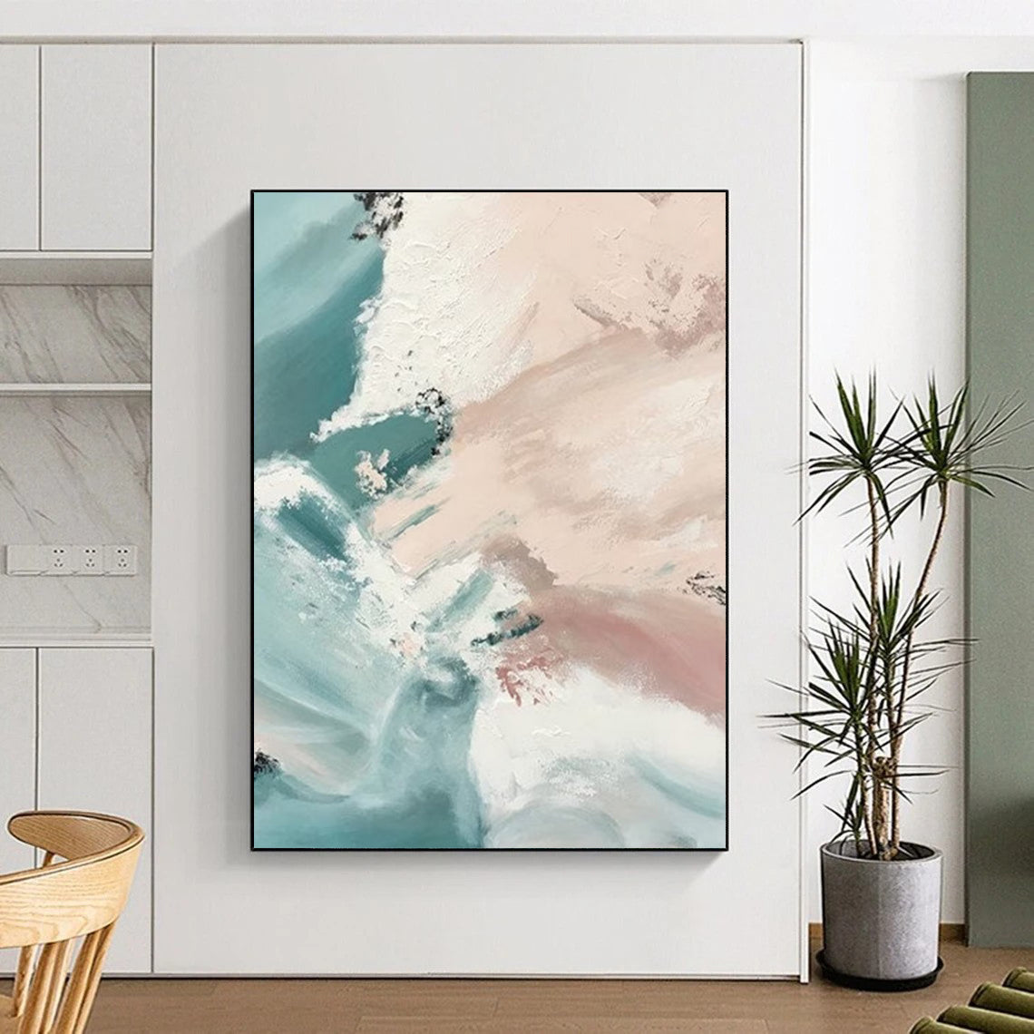 “Blush - Teal Flow” - Blush, Teal, White Fluid Shapes Painting On Canvas DTP277