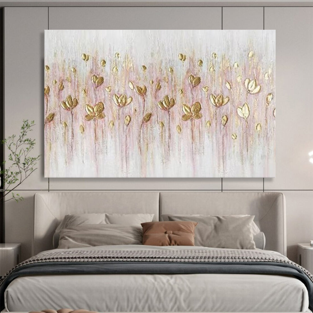 Golden Wildflowers - Pink & Gold Delicate Floral Painting On Canvas DKH875