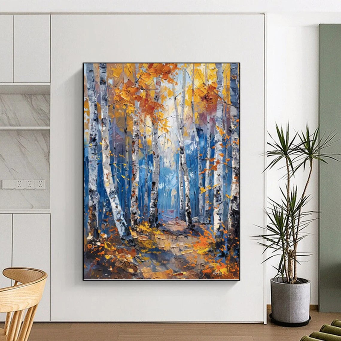 Autumn Birch Forest in Gold and Blue - Landscape Painting On Canvas DKH1406