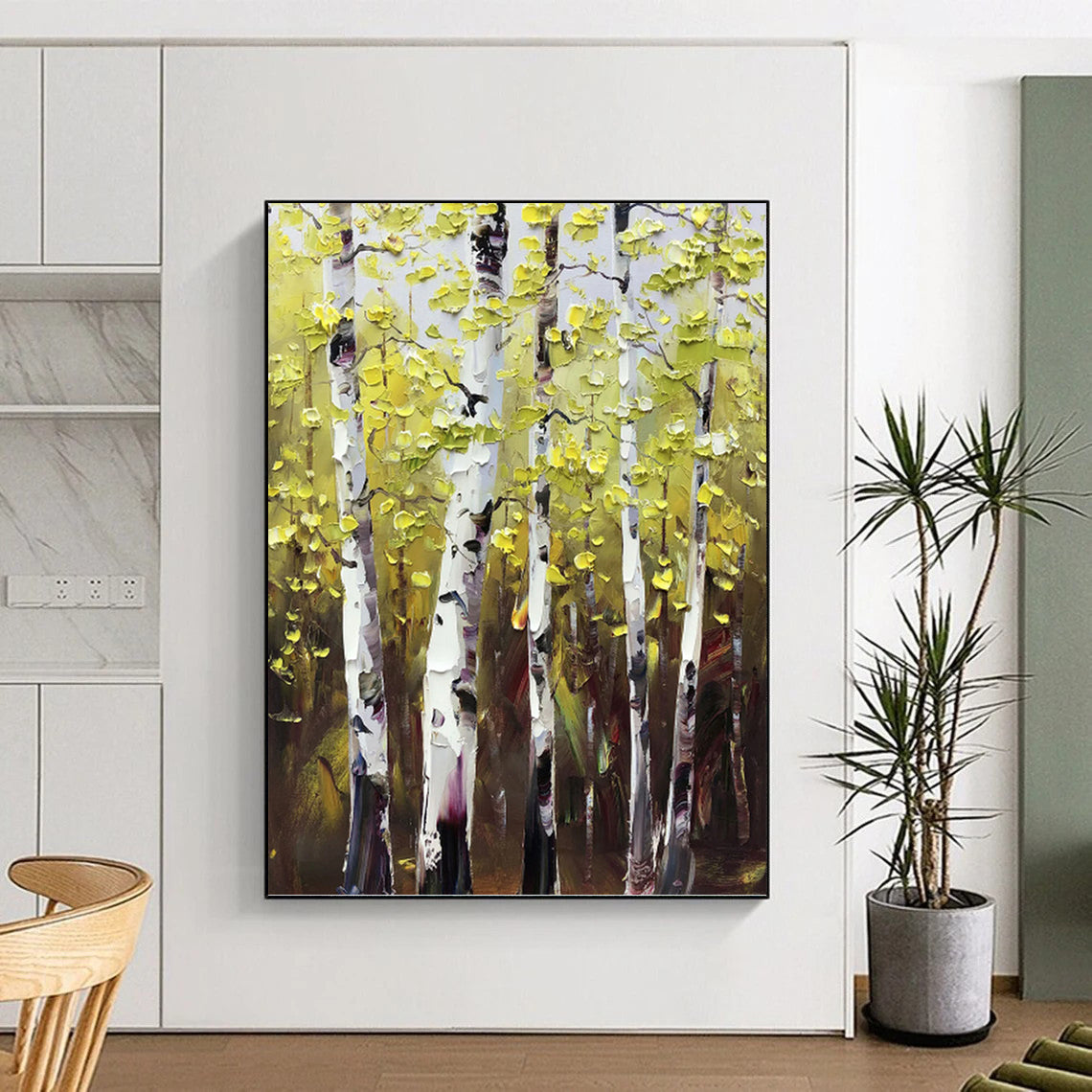 Sunlit Birch Forest in Green and Yellow - Landscape Painting On Canvas DKH1282