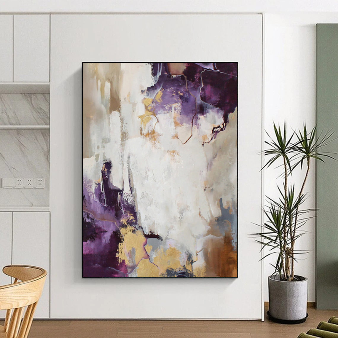 “Purple, Gold & White Abstract” - Purple, Gold & White Opulent Painting On Canvas DKH1009