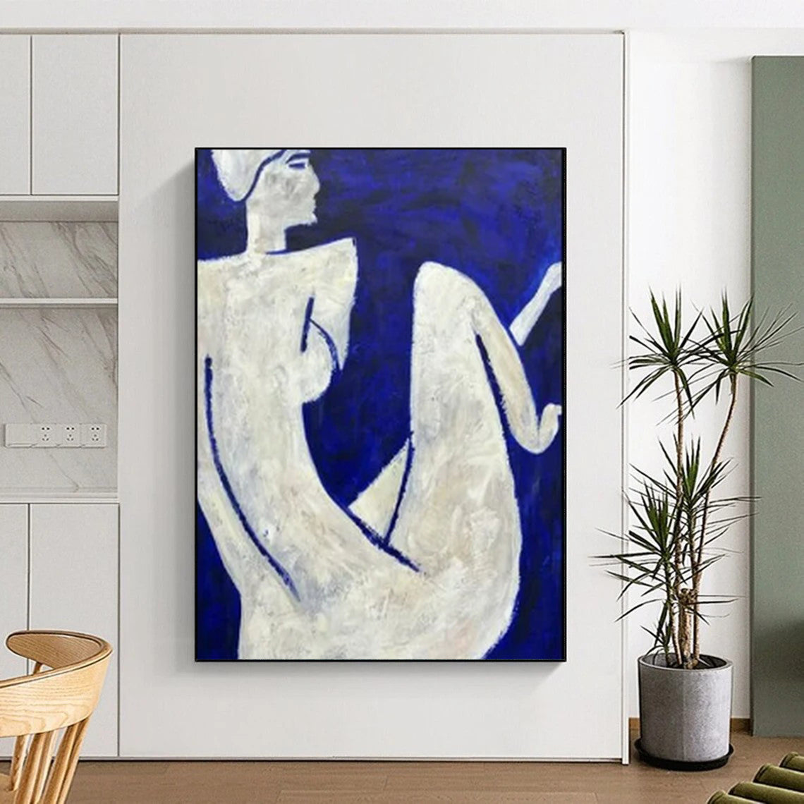 “White Figures On Blue Background” - Figurative Abstract Painting On Canvas CT2329