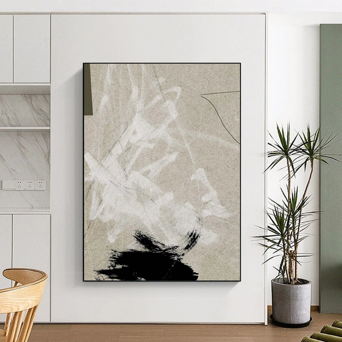 “Neutral Abstract Marks” - Beige, White, Black Abstract Painting On Canvas DTP237