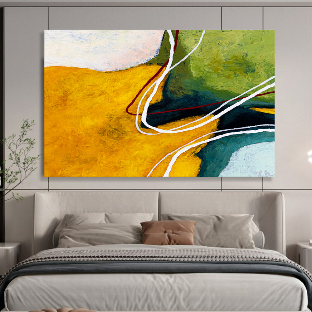 “Yellow - Green with Curved Lines” Abstract Acrylic Painting On Canvas DKH551