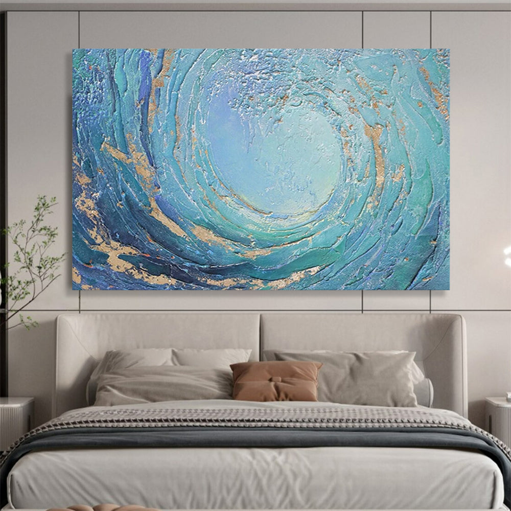 “Swirling Ocean Gold” - Blue, Teal & Gold Textured Wave Painting On Canvas DLZ254