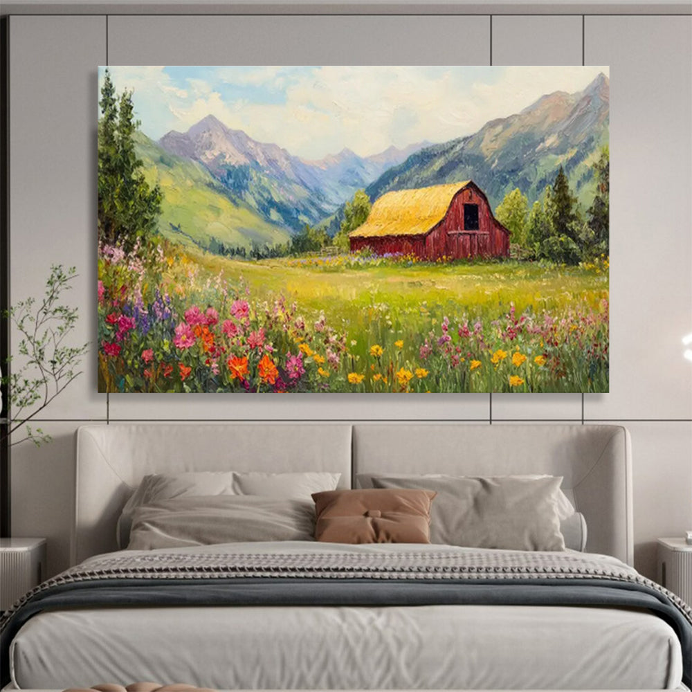 “Mountain Barn Paradise” - Green, Yellow, Pink Landscape Oil Painting On Canvas DKH727